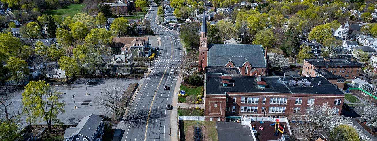 Aerial view Newton, Massachusetts in spring