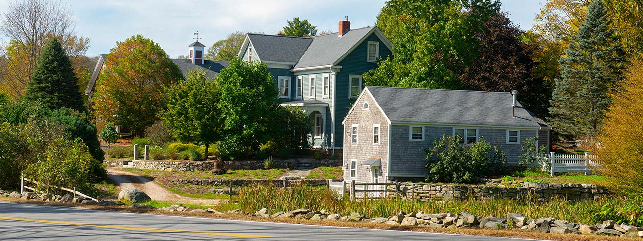 Historic Colonial Georgian style building on Washington Street in Sherborn historic town center in fall, Sherborn, Boston Metro West area, Massachusetts MA, USA