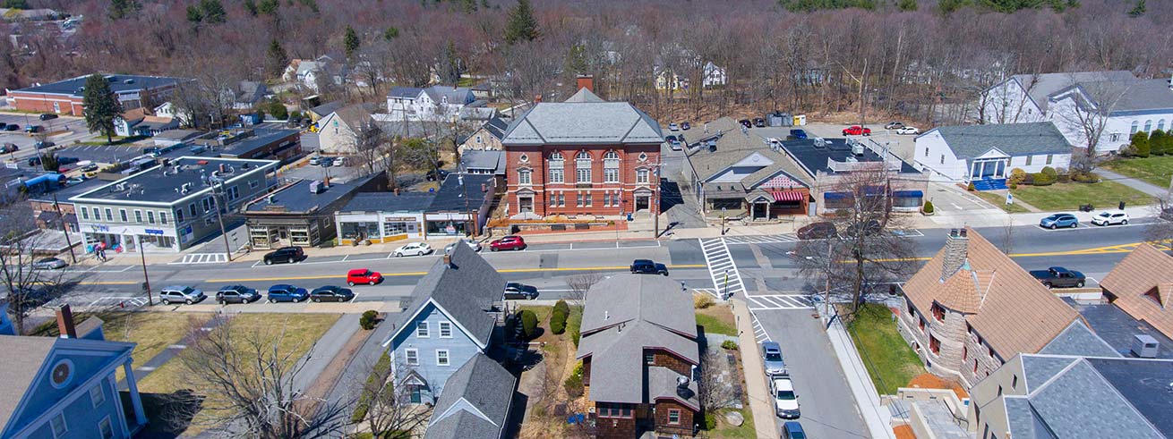 Hopkinton town center aerial view of Town Hall in early spring in Hopkinton, Massachusetts MA, USA